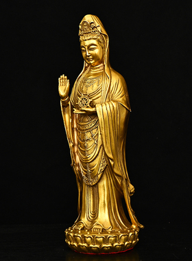 纯铜南海观音站莲花观音铜佛像卧室里摆件客厅家居装饰工艺品