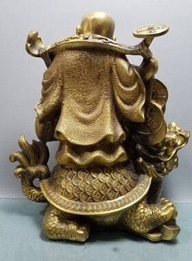弥勒佛摆件纯铜大肚佛龙龟笑佛举元宝佛家居店铺供养佛像挑金币佛