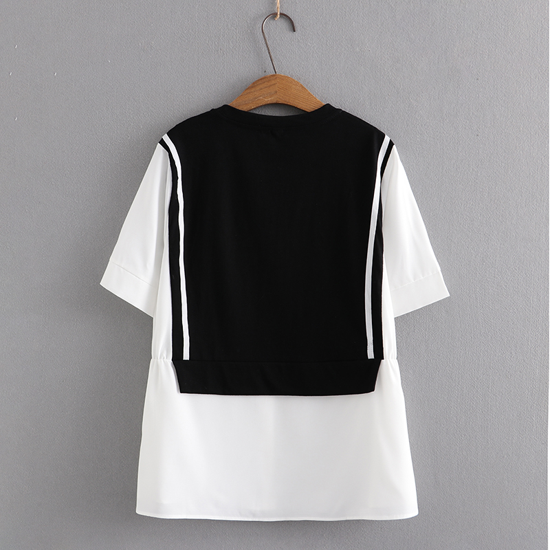 夏季新款胖mm大码女装200斤拼接撞色假两件宽松显瘦百搭衬衫上衣 - 图1