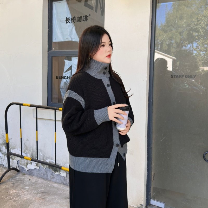 大码冬装复古慵懒风撞色高领针织开衫女秋冬加厚设计感毛衣外套,淘宝优惠券,粉丝福利购,淘宝优惠卷