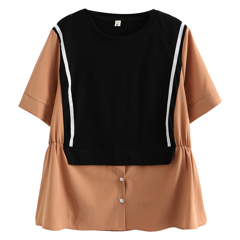 夏季新款胖mm大码女装200斤拼接撞色假两件宽松显瘦百搭衬衫上衣 - 图3