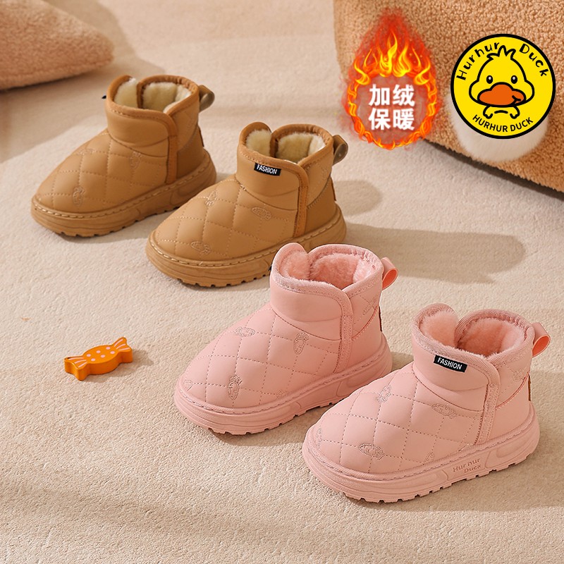 小黄鸭儿童雪地靴男童靴子新款冬季女童棉靴加厚保暖棉鞋皮面防水 - 图1