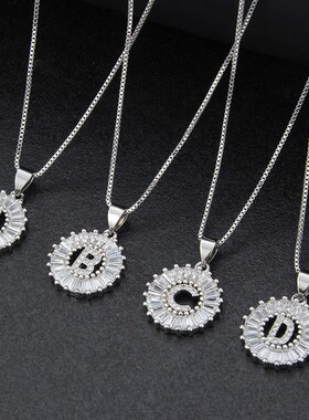 希音欧美跨境银色小号26个英文字母项链 现货直供锆石字母铜吊坠