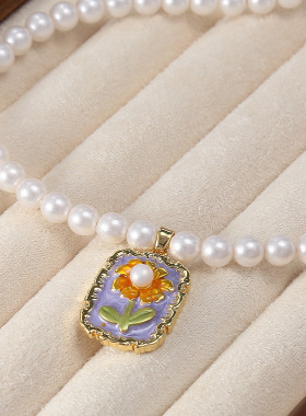 莫奈花园油画复古巴洛克风珍珠花朵方牌吊坠手工diy项链手链配件