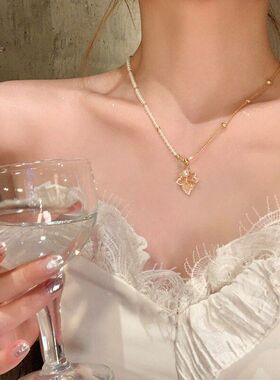 法式金色渐变枫叶珍珠拼接项链女轻奢小众高级感锁骨链配饰颈链