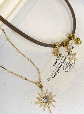 复古棕色太阳双层项链choker美拉德小众百搭颈链美式辣妹锁骨链女