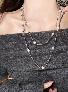 珍珠多层长款项链女款2025新款轻奢高级灰色毛衣链配衣服叠戴配饰