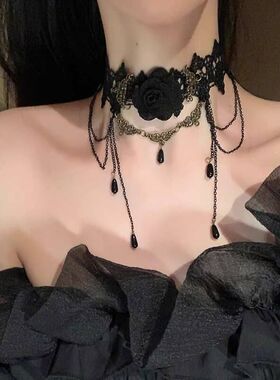 黑色蕾丝脖子配饰装饰项链女项圈流苏吊坠玫瑰花颈带choker暗黑系