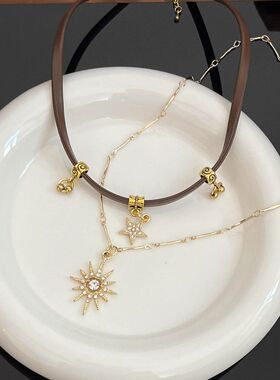 复古棕色太阳双层项链choker美拉德小众百搭颈链美式辣妹锁骨链女