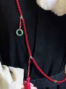 新中式长款绿色串珠项链女国风斜挎链复古气质一款多戴毛衣链配饰