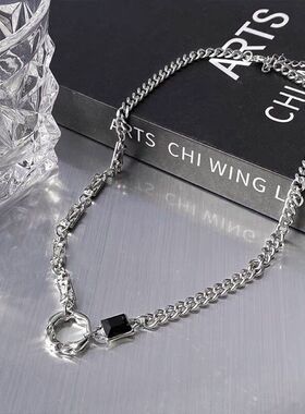 不规则圆环锆石情侣项链女ins冷淡风小众嘻哈中性风钛钢锁骨链男