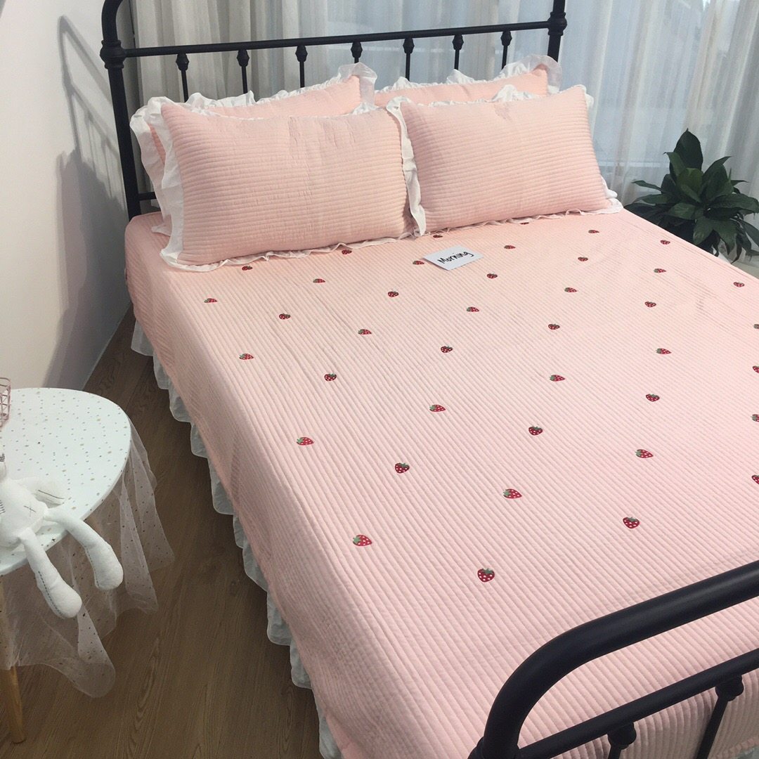 韩国ins风荷叶边床盖三件套夹棉缝纫刺绣水洗棉床单空调被夏被,淘宝优惠券,粉丝福利购,淘宝优惠卷