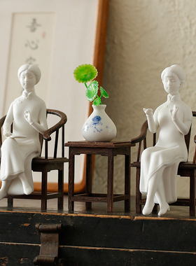 陶瓷装饰品新中式柜子仕女摆件