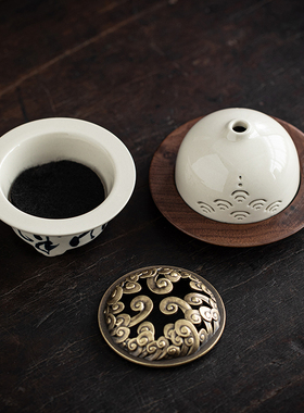 中式复古手绘诗文陶瓷盘香炉摆件