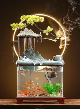 创意发光a水晶球循环水摆件流水招财鱼缸新中式家居客厅桌面装饰