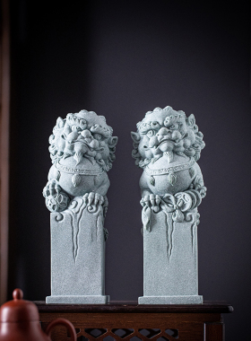 青砂石招财新中式桌面石狮子摆件