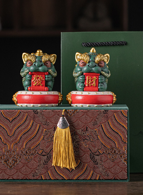 青砂石招财可爱桌面舞狮礼盒装