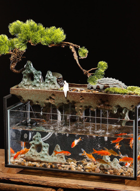 新中式喷泉假山流水玻璃鱼缸循环水招F财家居客厅店铺开业乔迁礼