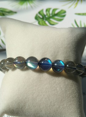 天然冰种透体灰月光石手链蓝彩光拉长石水晶收藏级女手串高端礼物