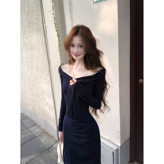 Eat green vegetables Anne's thoughts French retro design lace splicing lace-up v-neck slit dress