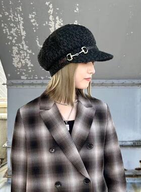 日系Ca4复古金属拽酷甜美粗花呢贝雷帽百搭平顶海军风画家帽子女