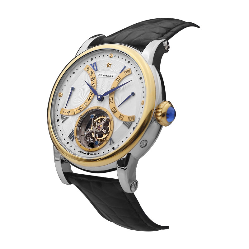 海鸥手表男士多功能机械表商务24k金圈鳄鱼皮表带陀飞轮腕表7040