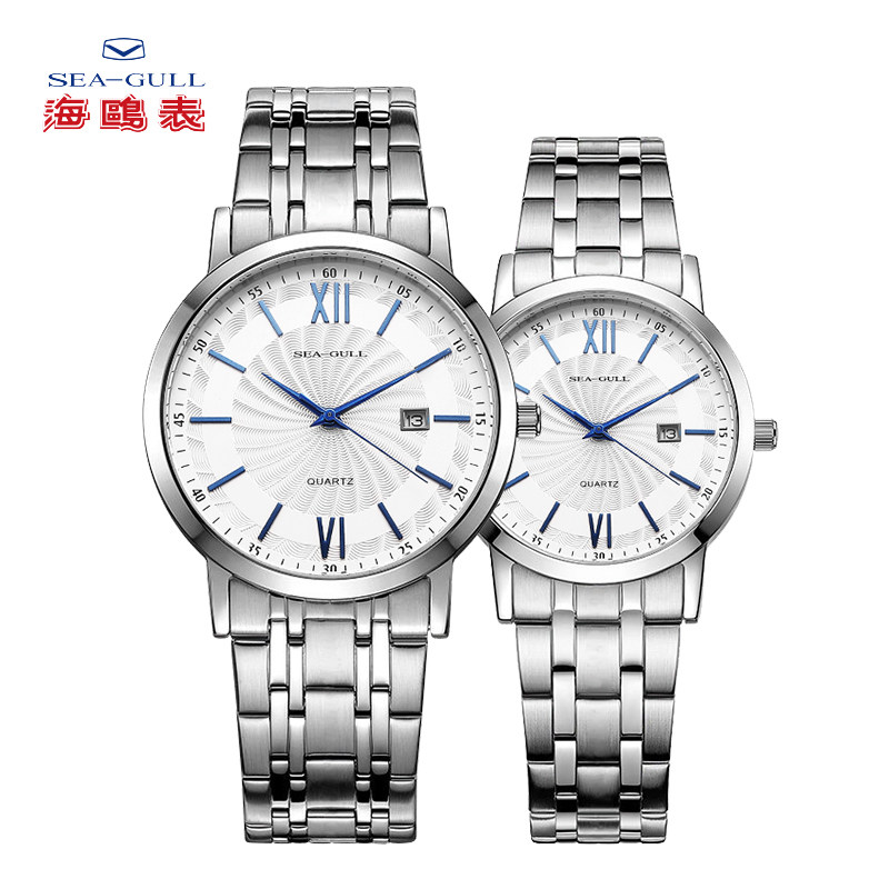 正品海鸥表基础系列炫蓝单日历钢带石英表女表男表情侣对表