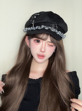 原创亚文化黑色朋克宅文化千禧辣妹贝雷帽子新款百搭八角帽