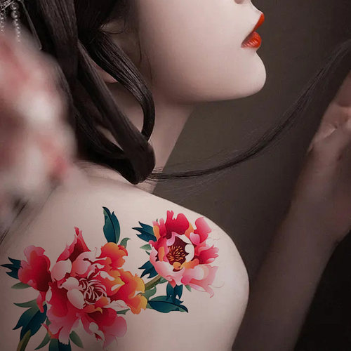 3张 大图纹身贴防水女持久彩色花朵牡丹花仿真遮疤痕写真摄影大腿 - 图0