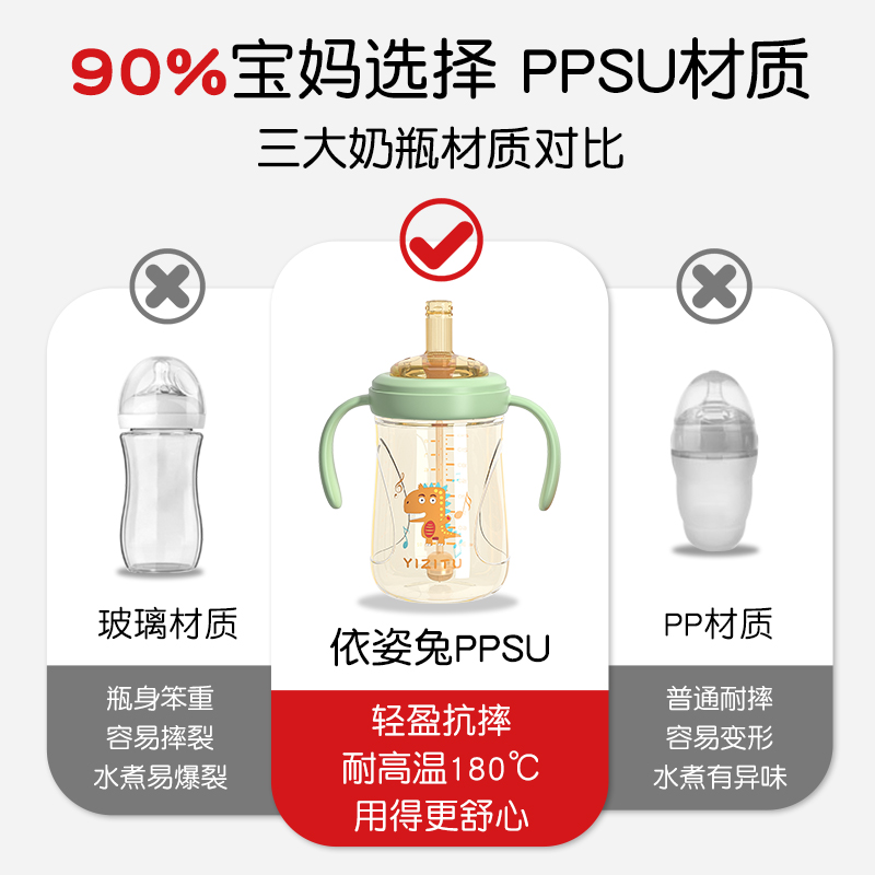 依姿兔奶瓶一岁以上吸管杯2岁喝奶1一3岁宝宝儿童学饮PPSU大容量