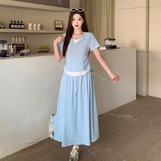 ລະດູຮ້ອນ 2026 ຮູບແບບໃໝ່ ໄຂມັນ mm plus size women Korean slim casual contrasting color splicing short-sleeved T-shirt + skirt suit