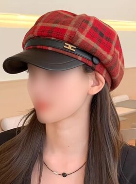 2025新款格纹鸭舌八角帽