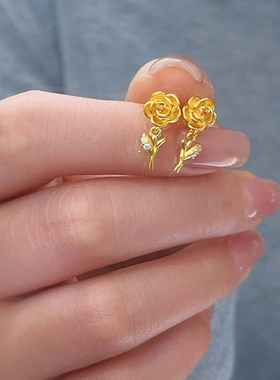 金色饰品 玫瑰花耳钉女轻奢小众设计感高级气质百搭耳环