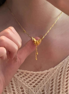 金包银新中式超闪小蝴蝶流苏项链女国风碎金子锁骨套链