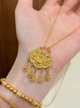 金包银古法莲花如意流苏锁吊坠荷花锁包挂坠送女友