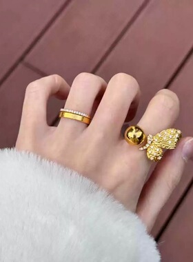 金色饰品点钻拉丝蝴蝶开口戒指女2026新款5A级锆石食指戒小众高级