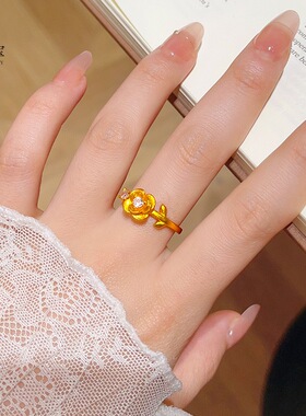 金色饰品拉丝玫瑰花戒指女百搭高级感指戒小众指环新款