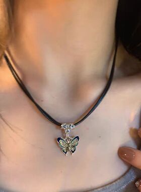 蓝色滴油蝴蝶项链女气质高级感小众设计串珠锁骨链2026新款配饰