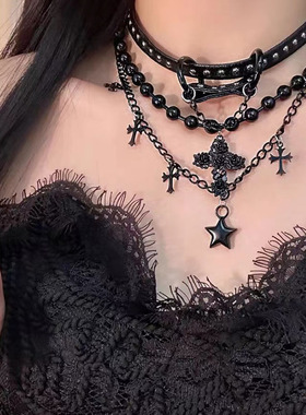 黑色皮带扣皮革双层串珠项链