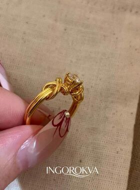 中古风复古金色交叉绑带钻戒戒指女精致小众设计新款高级气质指环