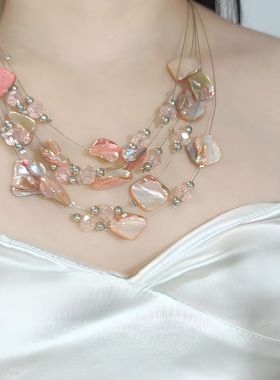 【粉贝潮汐】独特多层粉色不规则碎石项链夸张小众设计锁骨链颈链