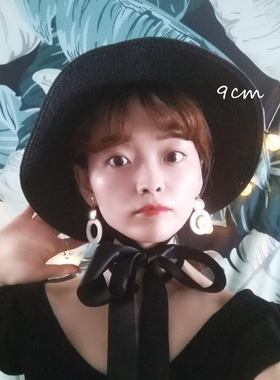 百搭黑色绑带气质宽檐防晒草帽子