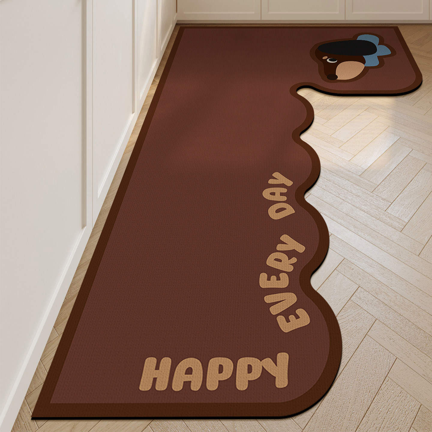Cartoon simple kitchen special floor mats for home use, dirt-resistant, anti-slip, anti-oil, wipeable, wash-free L-shaped carpet absorbent floor mats