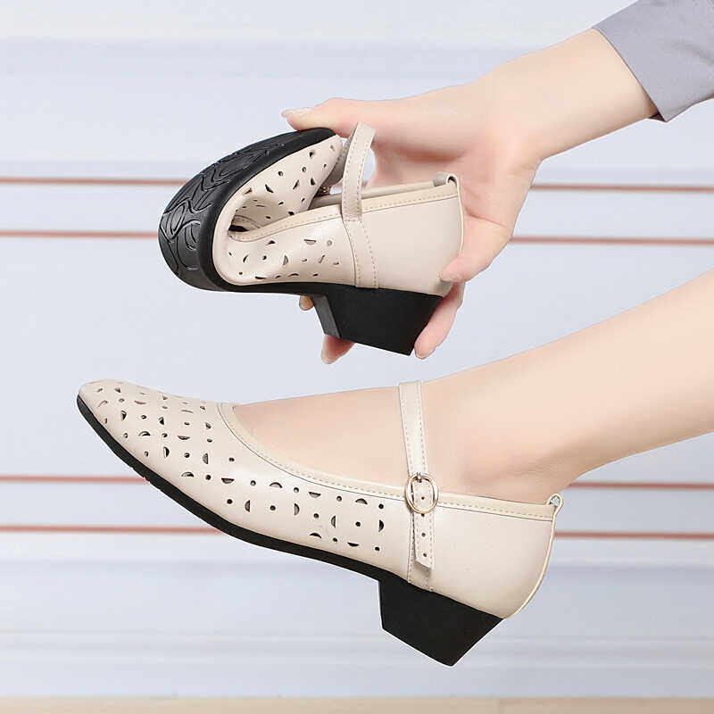 夏季凉鞋女平底真皮低跟软底妈妈鞋透气舒适防滑洞洞鞋时尚小皮鞋,淘宝优惠券,粉丝福利购,淘宝优惠卷