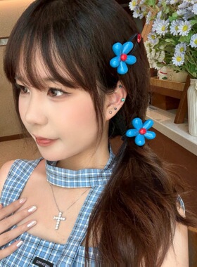 韩系蓝色花朵抓夹发绳发夹少女心后脑勺盘发头饰半扎发鲨鱼夹