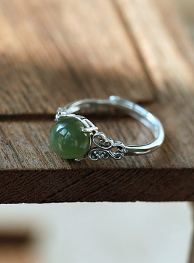 925纯银青玉镂空花纹复古文艺国风民族风活口戒指环可调
