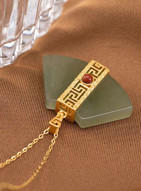 镀沙金3D硬金高档天然青玉个性扇形女士款含链吊坠挂坠项链饰品