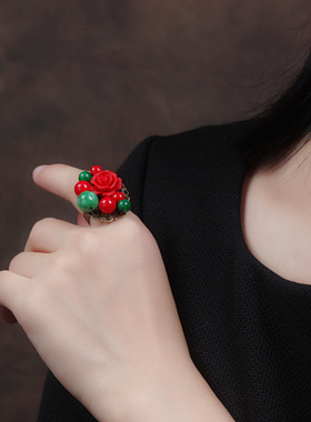 凤仪饰品原创中国结食指红色玫瑰