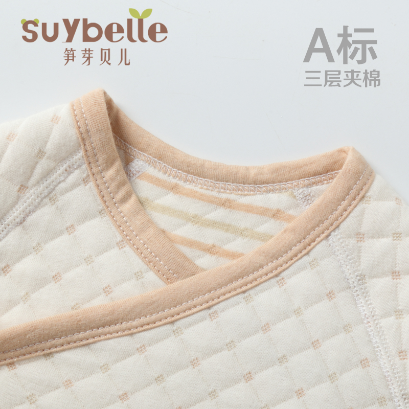 婴儿夹棉包屁衣秋冬季新生宝宝加厚三角哈衣连体纯棉冬款保暖内衣 - 图0