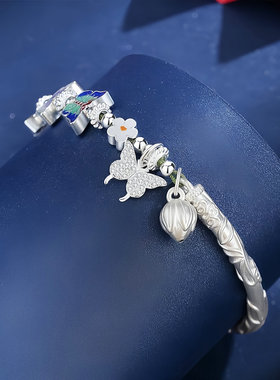 菲菲珠宝纯银蝴蝶半镯流苏银手镯中国风气质手链生日礼物送女友